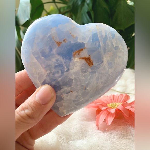 Natural Blue Calcite Polished Heart Milky Lines and Natural Patterns Crystal - Picture 4 of 8